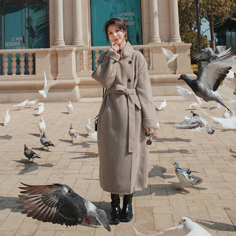 

Autumn Winter Women England Style Loose Single Breasted Belted Long Woolen Coat Female Vintage Elegant Casual Overcoat 1611