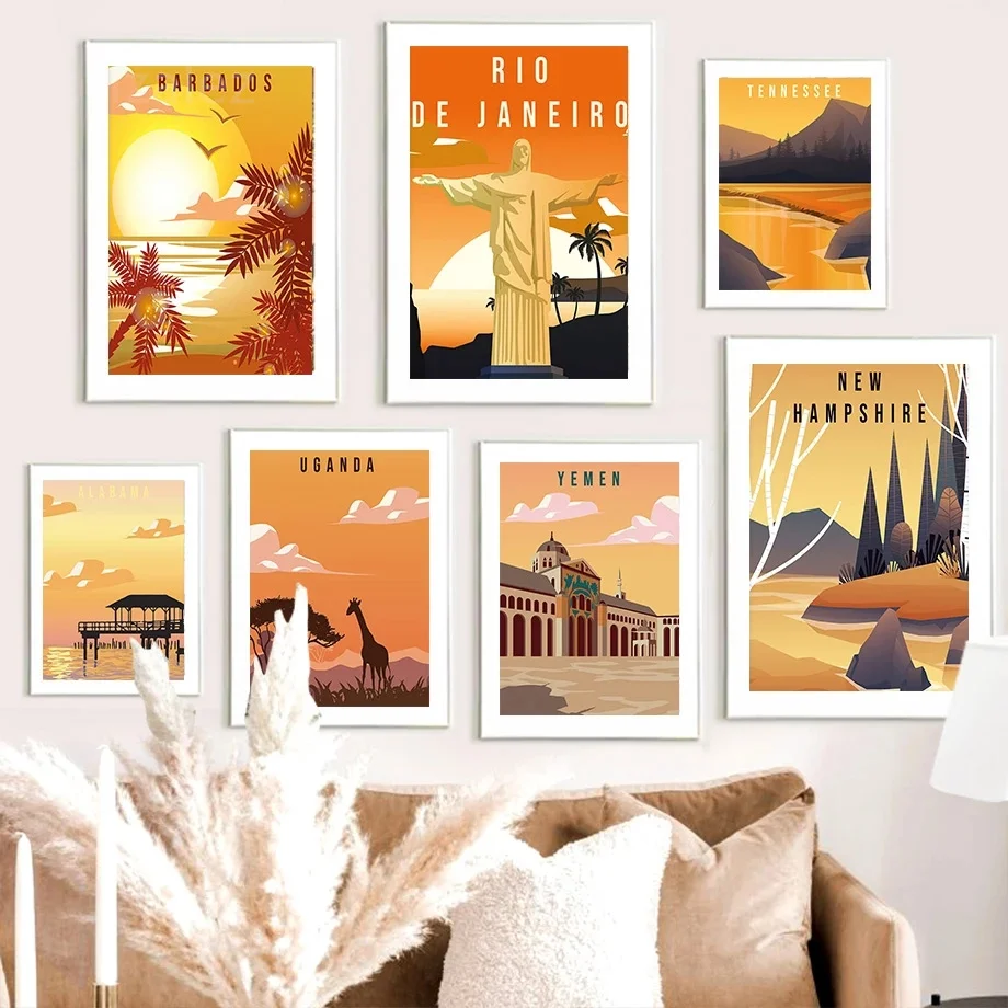 

World City Dusk Sun Canvas Painting Vintage Abstract Illustration Nordic Poster And Print Landscape Painting Wall Art Home Decor