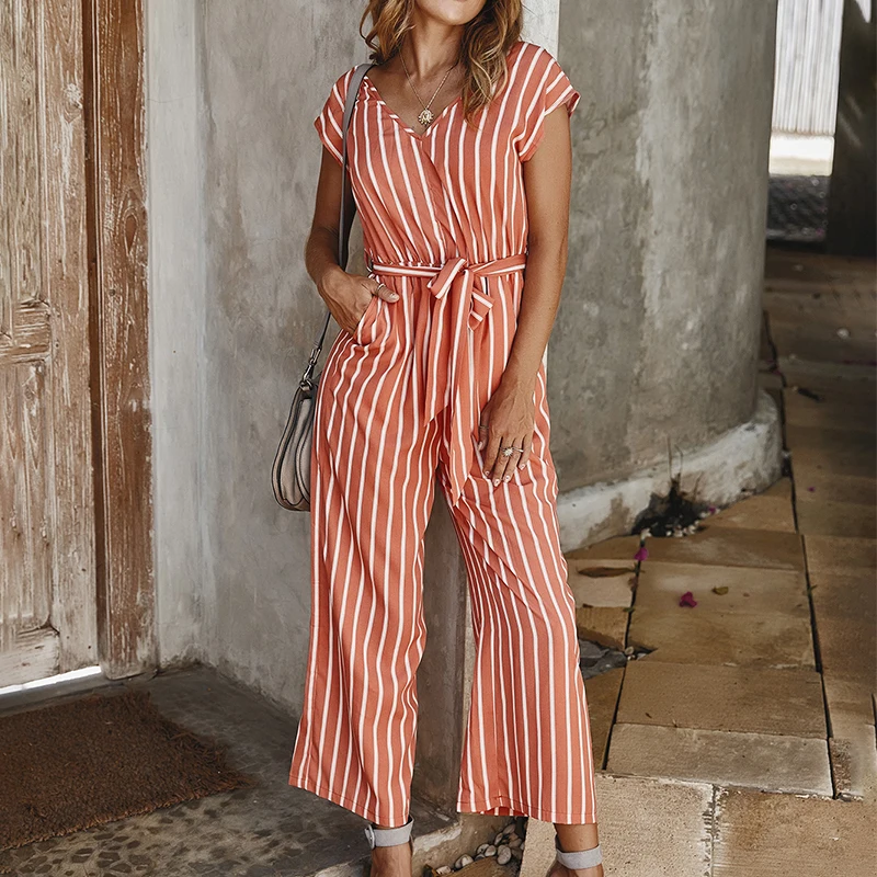 

Jumpsuit Women Summer Monos Mujer Striped V Neck Jumpsuit 2020 Beach Vacation Ladies Casual V Neck Sashes Bodysuit