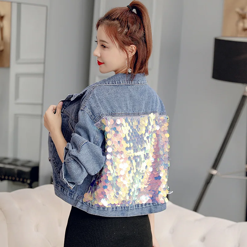 

Women Jacket Fashion Sequins Chic Short Denim Jacket Spring Casual Blue Jacket Female Outwear Ladies Single-breasted Jeans Coat