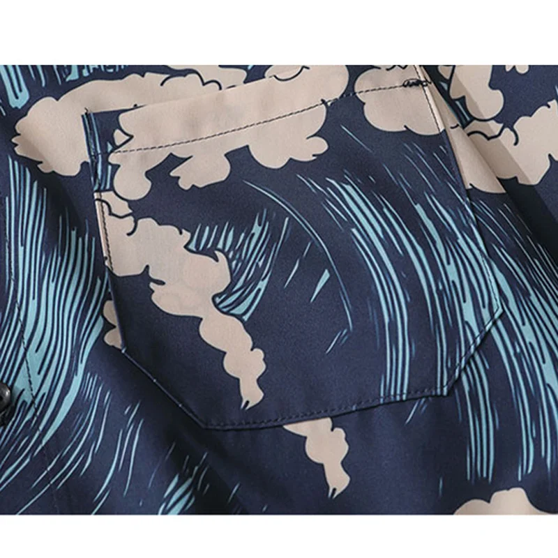 

Men's Kimono Shirts Summer New Japanese Style Vacation Leisure Hawaii Waves Printing Stand-Up Collar Loose Short Sleeve Tops