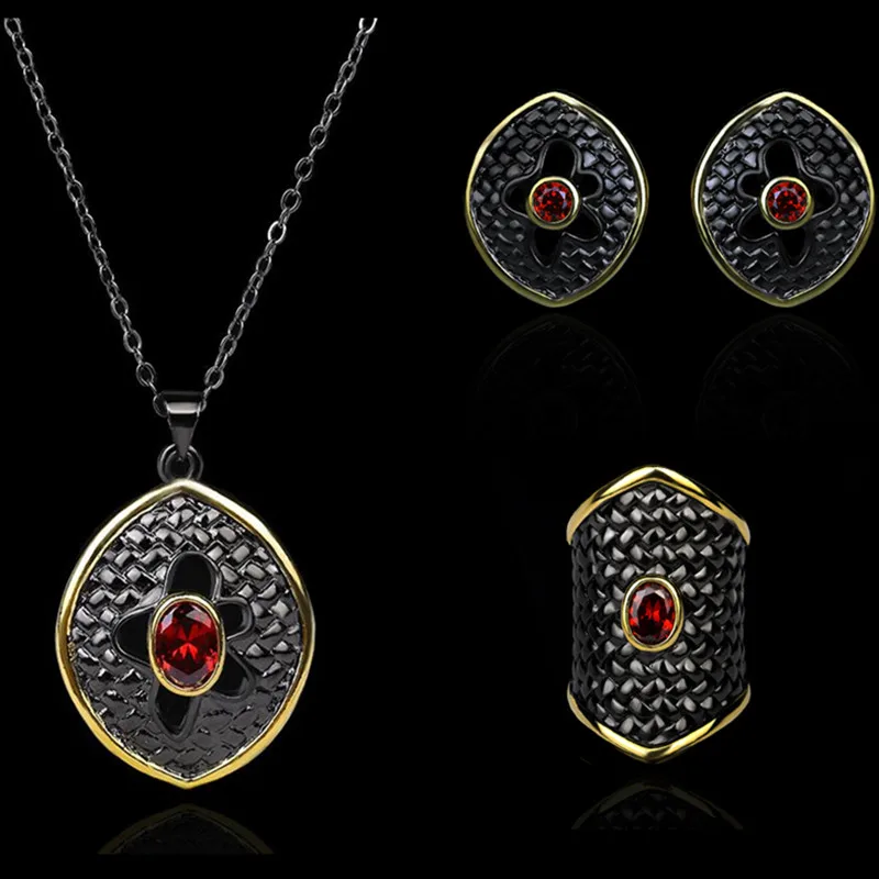 

CIZEVA Female Gothic Style Jewelry Vingtage Trend 925 Stelring Silver Ruby Gemstone Exquisite Fine Jewelry Sets Black Gold