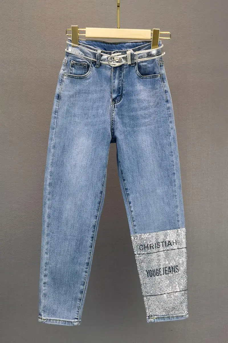 

INS Women Rhinestone Denim Pants Blue Harem Jeans Women's Fashionable 2021 Summer New High Waist Slimming Cotton Pants
