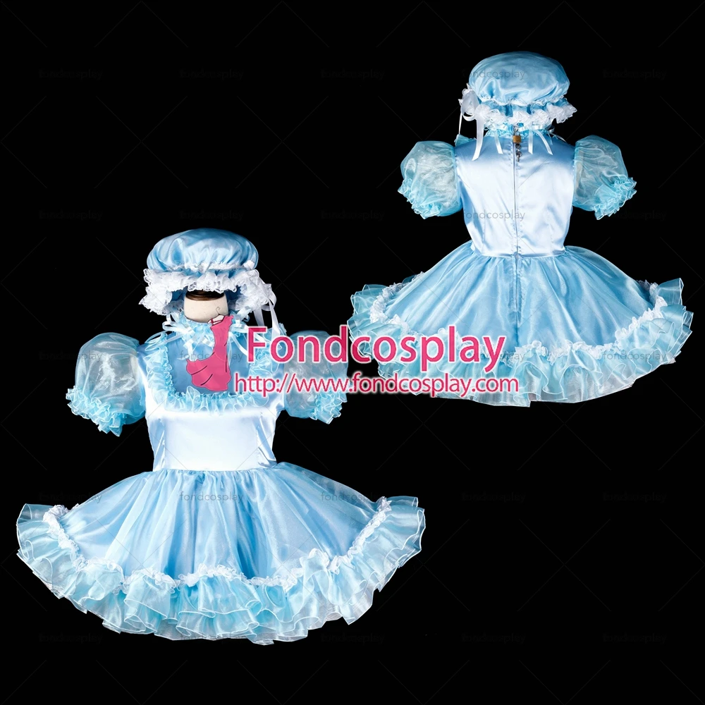 

fondcosplay adult sexy cross dressing sissy maid short baby blue satin dress lockable hat headpiece Uniform Tailor-made[G2399]