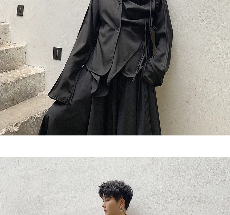 Men Fold Irregular Ribbon Splice Long Sleeve Casual Black Shirt Male Japan Style Streetwear Punk Gothic Shirts Stage Clothing