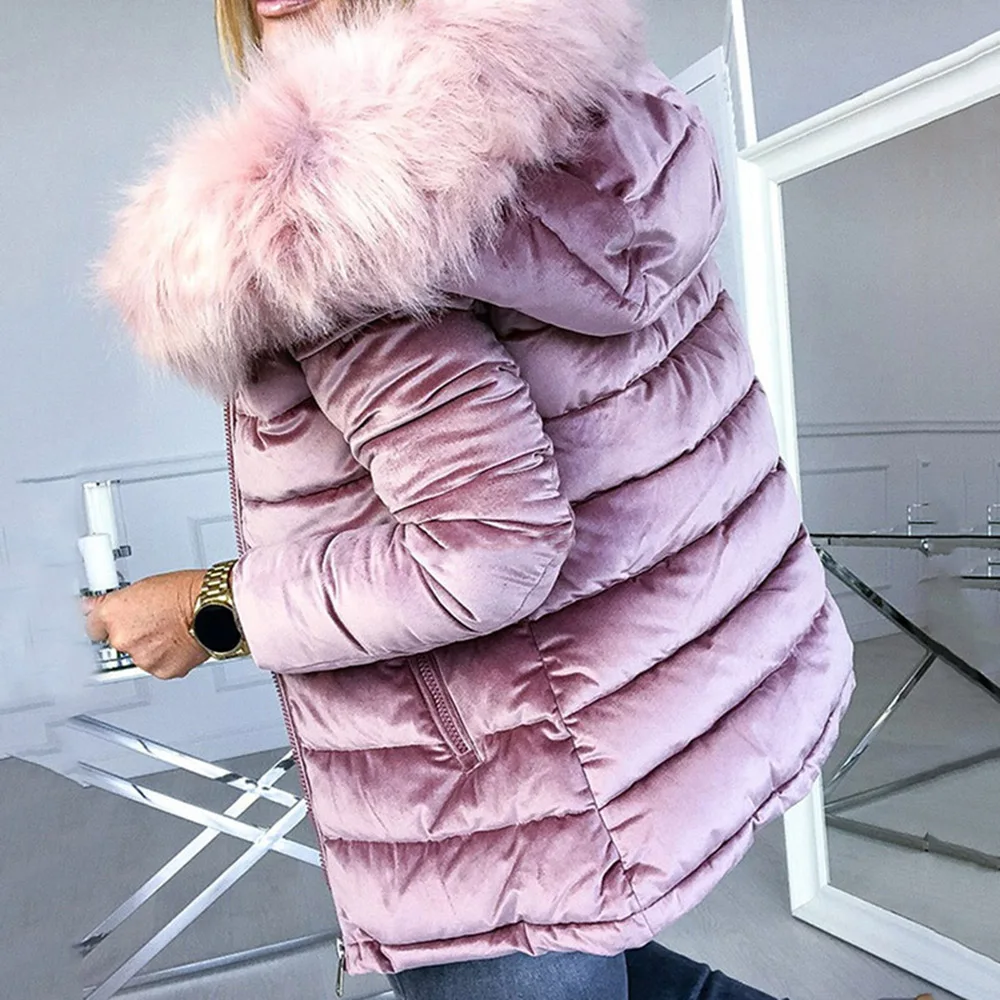 

Down Jackets Female 2020 New Cotton Padded Coat Wool Hooded Collar Golden Velvet Thicken Women Fashionable Slim Solid Color