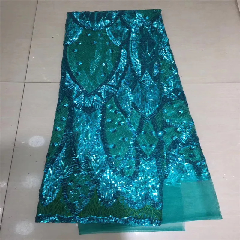 

2020 green Latest African Lace Fabric High Quality French Net Embroidery Blue Sequins Tulle Lace Fabric For Nigerian Party Dress