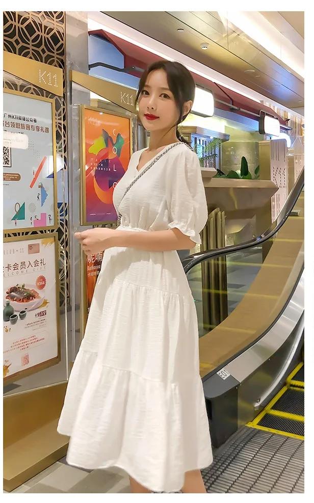 Hot new pregnant women summer dress pregnancy V-neck buckle can breastfeed pure white simple fairy skirt tide | Мать и ребенок