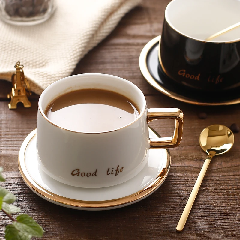 

Luxury Nordic Cup Simple Solid Black High Quality Ceramic Cup Modern Spoon Taza Cafe Home Afternoon Coffee Tea latte Cup E6