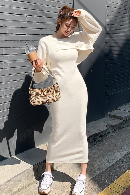 

ZUOMAN 2 Pieces Autumn Women Dresses Vintage Work Casual Knitted Dresses Simple Slim Office Elegant Bottoming Long Vestidos