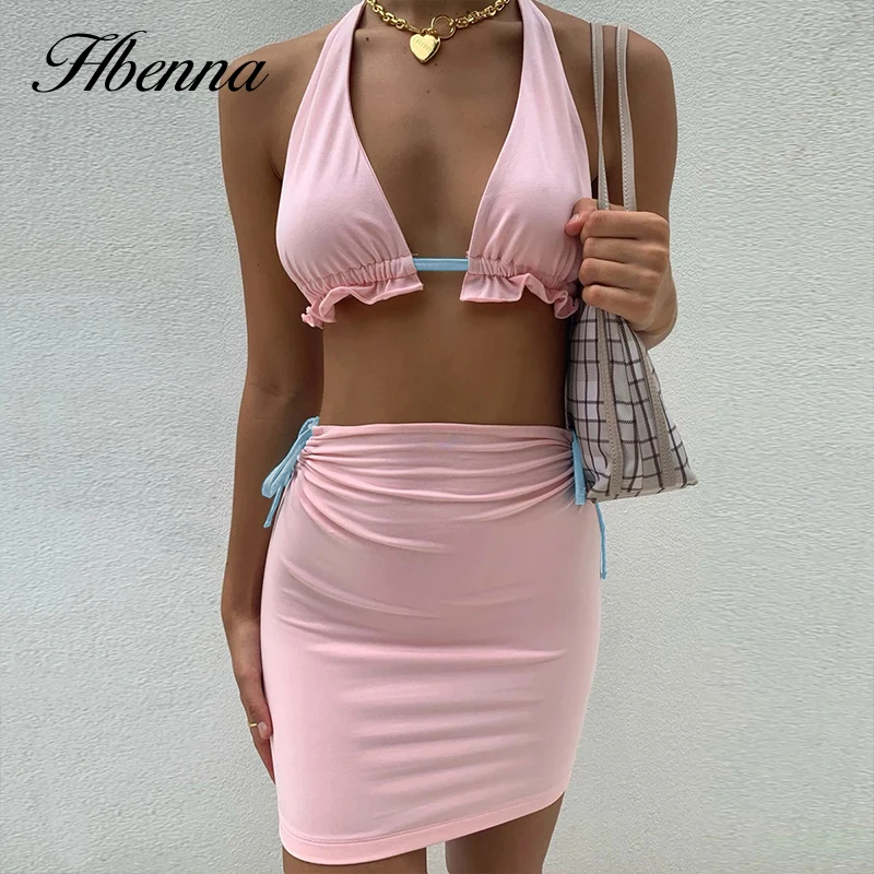 

Женский сексуальный комплект Hbenna из 2 предметов, укороченный топ с V-образным вырезом, Холтер и мини-юбка, розовая Клубная одежда с открытой с...