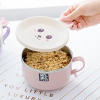 high quality cartoon cute rabbit noodle bowl with lid handle stainless steel plastic leak proof food container rice soup bowls