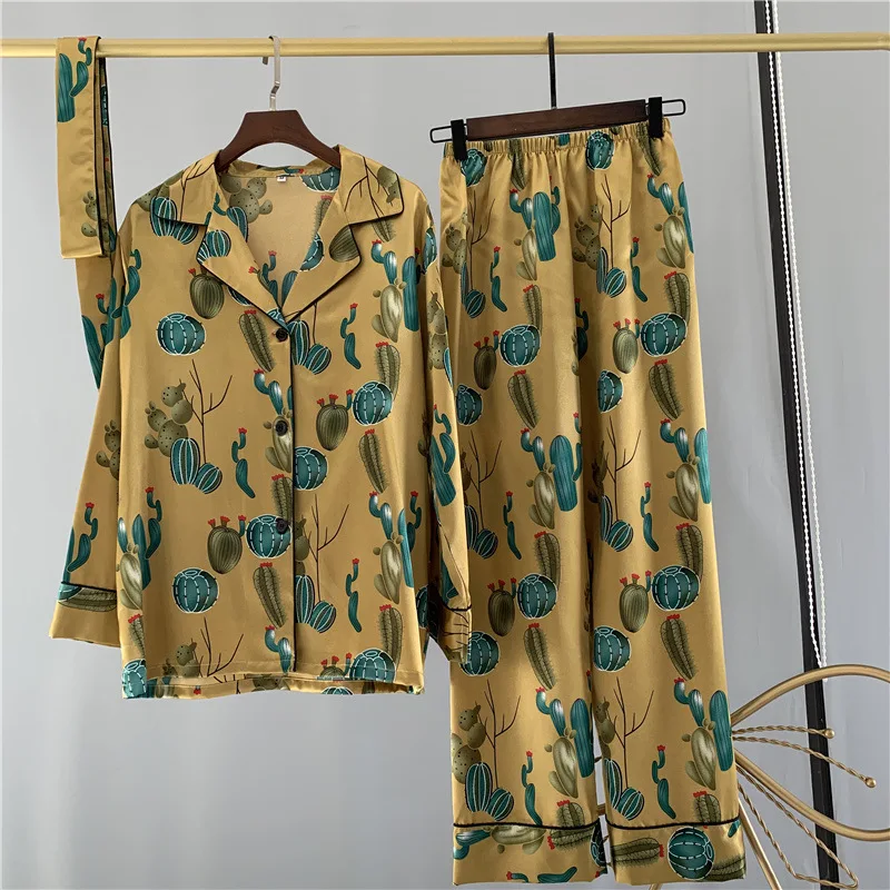 

Pajamas for Women Silk Sleepwear Cardigan Long Sleeve Nightgown Leopard Pijamas Nightwear Lounge Wear Two Piece Set Summer