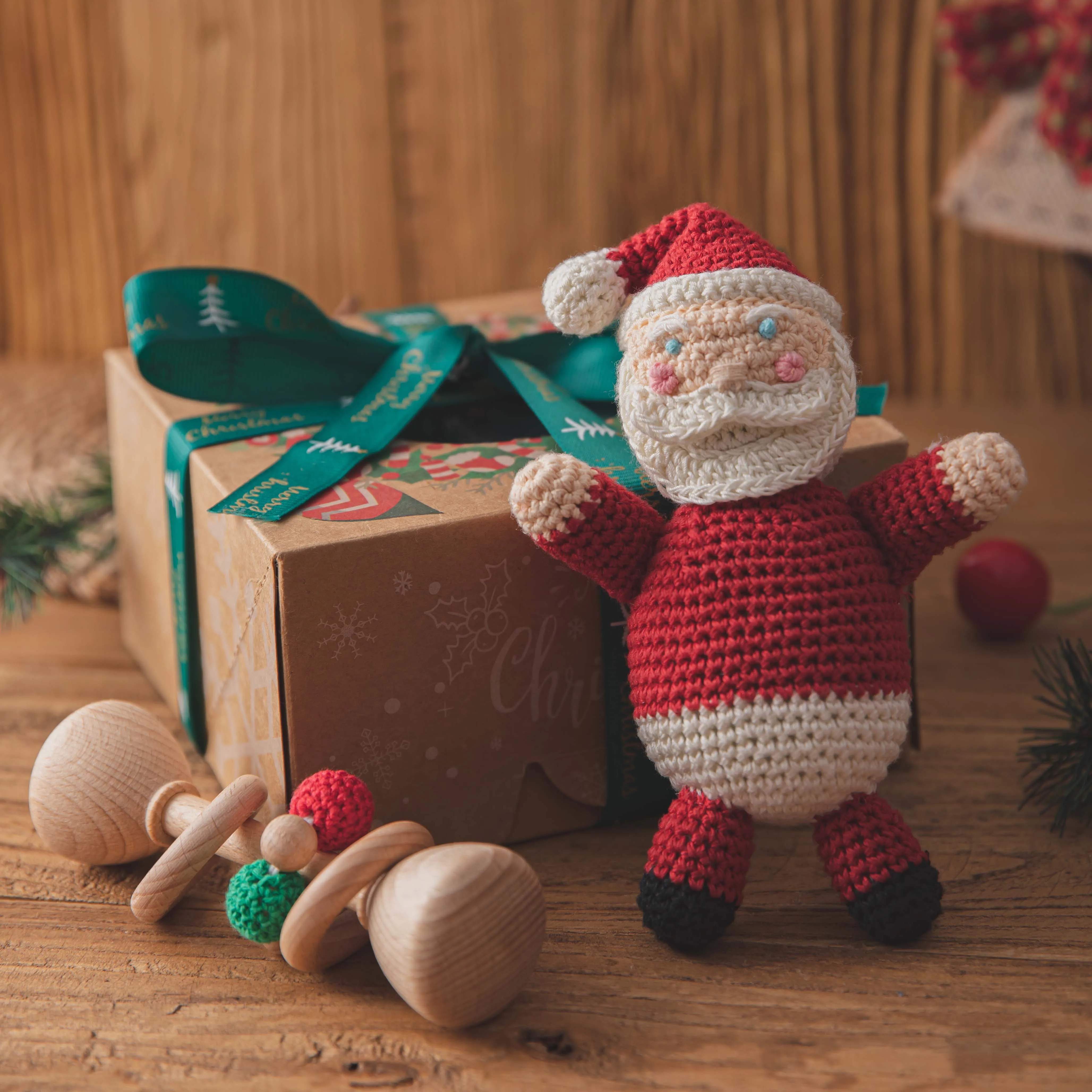 Juego de regalo de Navidad para ni&ntilde;os, mu&ntilde;eco de ganchillo, dulce, de jengibre, sonajero de mano de madera, producto para el cuidado de la dentici&oacute;n infantil, 1 Juego-0