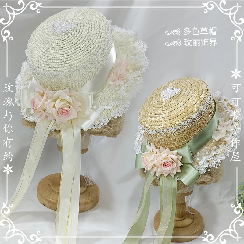 

Hand-made Roses Straw Hat Lolita Japanese Cute Mori Girl Cap Fairy Lace Bowknot Soft Sister Country Style Summer Sun Hat Cosplay