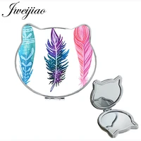 youhaken colorful feather pu travel mirror game cat ear shaped leather diy vintage indian culture pocket folding mirror dh30