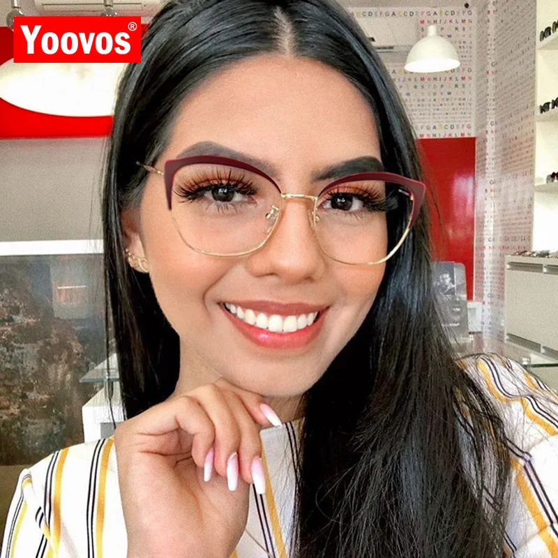 

Yoovos Cateye Glasses Frame Women/Men 2021 Metal Retro Glasses Frame Female Circle Eyeglasses Alloy Brand Deisgn Gafas Para Leer