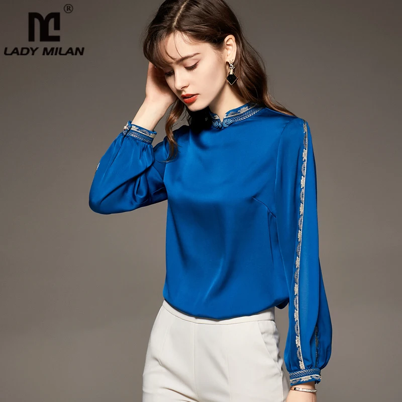 

100% Silk Women's Shirt Vintage Button Stand Collar Long Sleeves Embroidery Elegant Zipper Back Blouse Tops