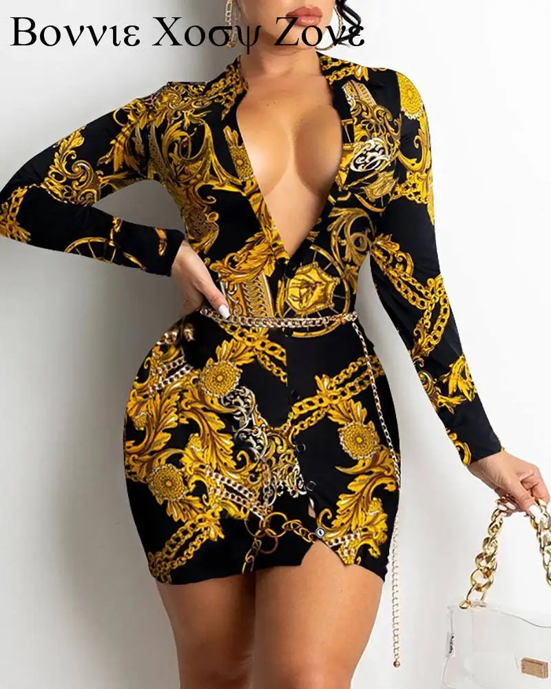 

Scarf / Leopard Print Plunge Button Design Skinny Dress Sexy Bodycon Long Sleeve Mini Dresses For Women