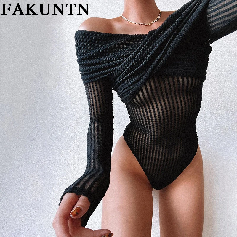 

FAKUNTN Sexy Bodysuit Women One Piece Body Female Outfit Streetwear 2021 Autumn Winter Clothes Off Shoulder Long Sleeve Bodysuit