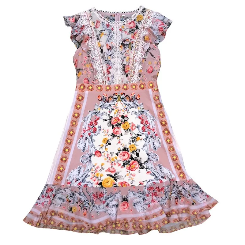 

European Summer Lace Patchwork Printing Slim Fit Womens Trumpet Dresses Top Quality High Waist Butterfly Sleeve Female Dresses