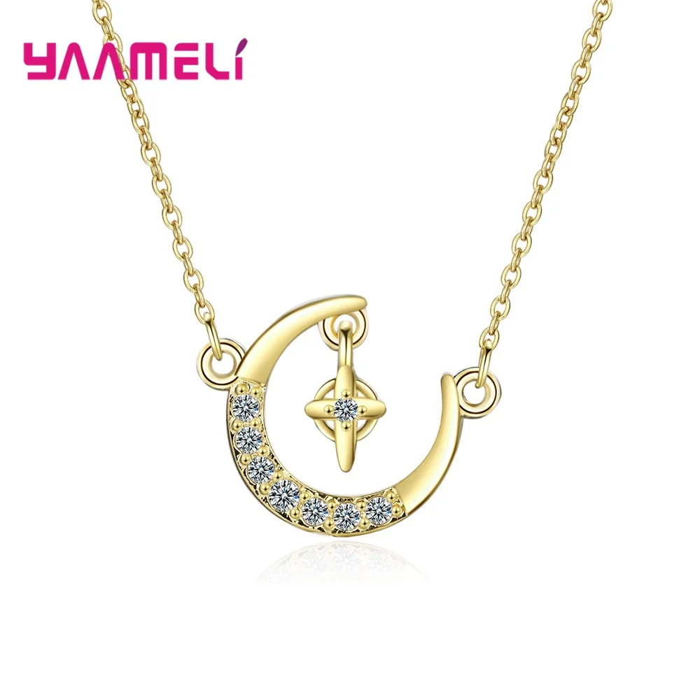 925 Sterling Silver Korean Simple Moon Star Pendant Necklace Charm Women Choker Jewelry Trendy Elegant Wedding Accessories | Украшения и