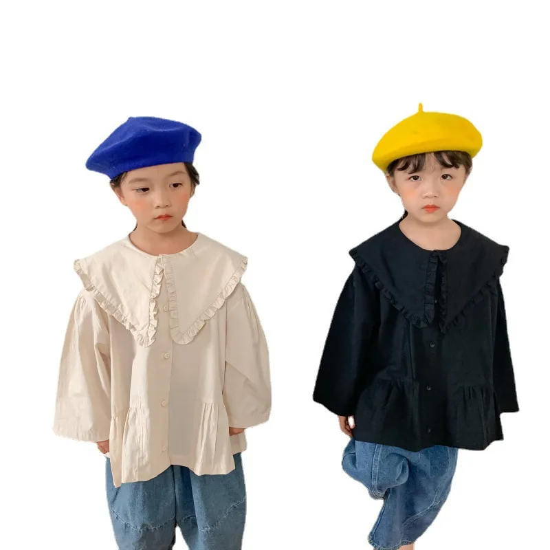 

Детская рубашка, Новинка осени 2021, однотонная Милая рубашка в Корейском стиле для девочек с большим отложным воротником и цветочным краем, с...