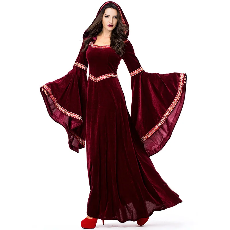 

2022 New Medieval Witch Victorian Style Cosplay Costume Long Dresses Halloween Carnival Party Gothic Burgundy Robe Midi Dress