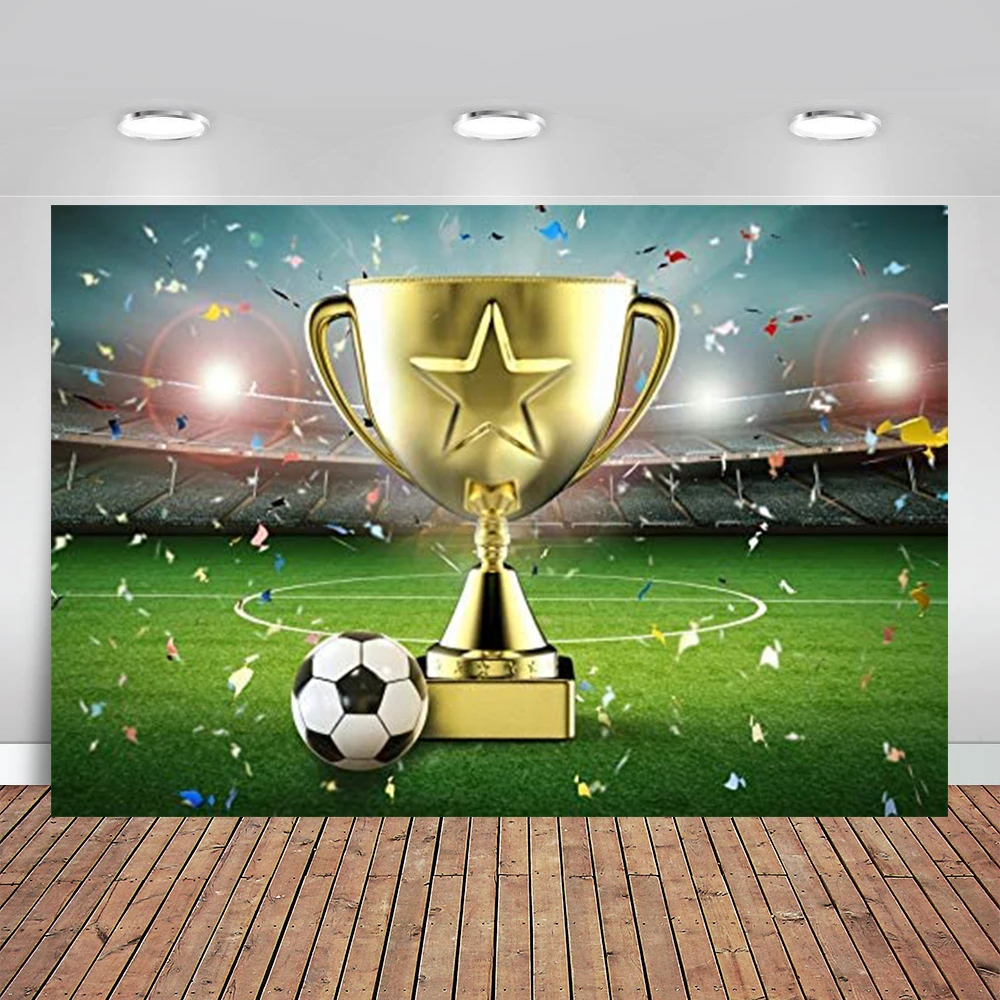 

Фон для фотосъемки с изображением футбольного чемпиона футбольного стадиона трофея травы поля газона задний фон