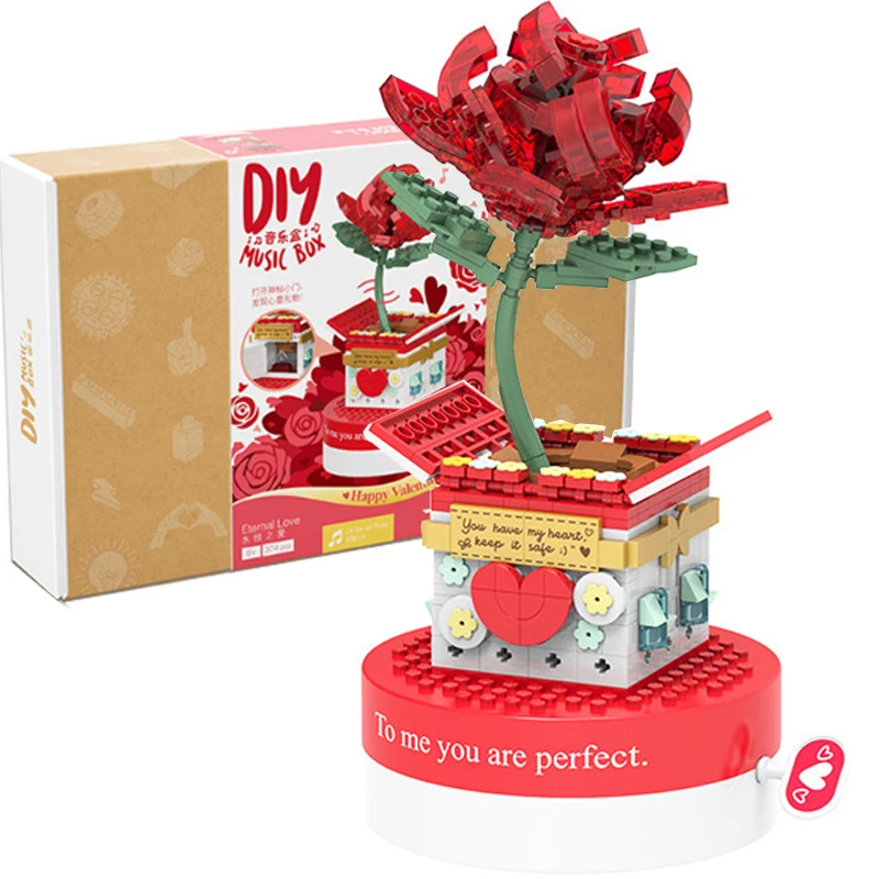

2021Valentines Day Gift For Girlfriend Wife Rotating Music Box Romantic Propose Marriage Building Blocks DIY Bricks Toys 374PCS