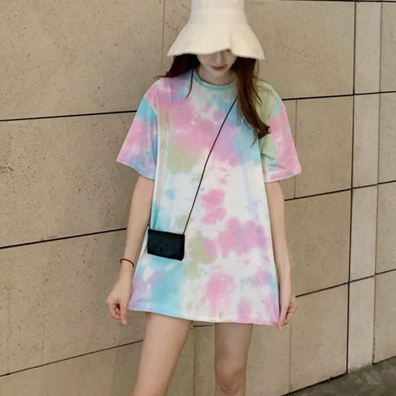 

Women Summer Tee Shirt Femme Tie Dye Print Short Sleeve Harajuku T Shirt Loose Korean Streetwear Tops Camiseta Mujer