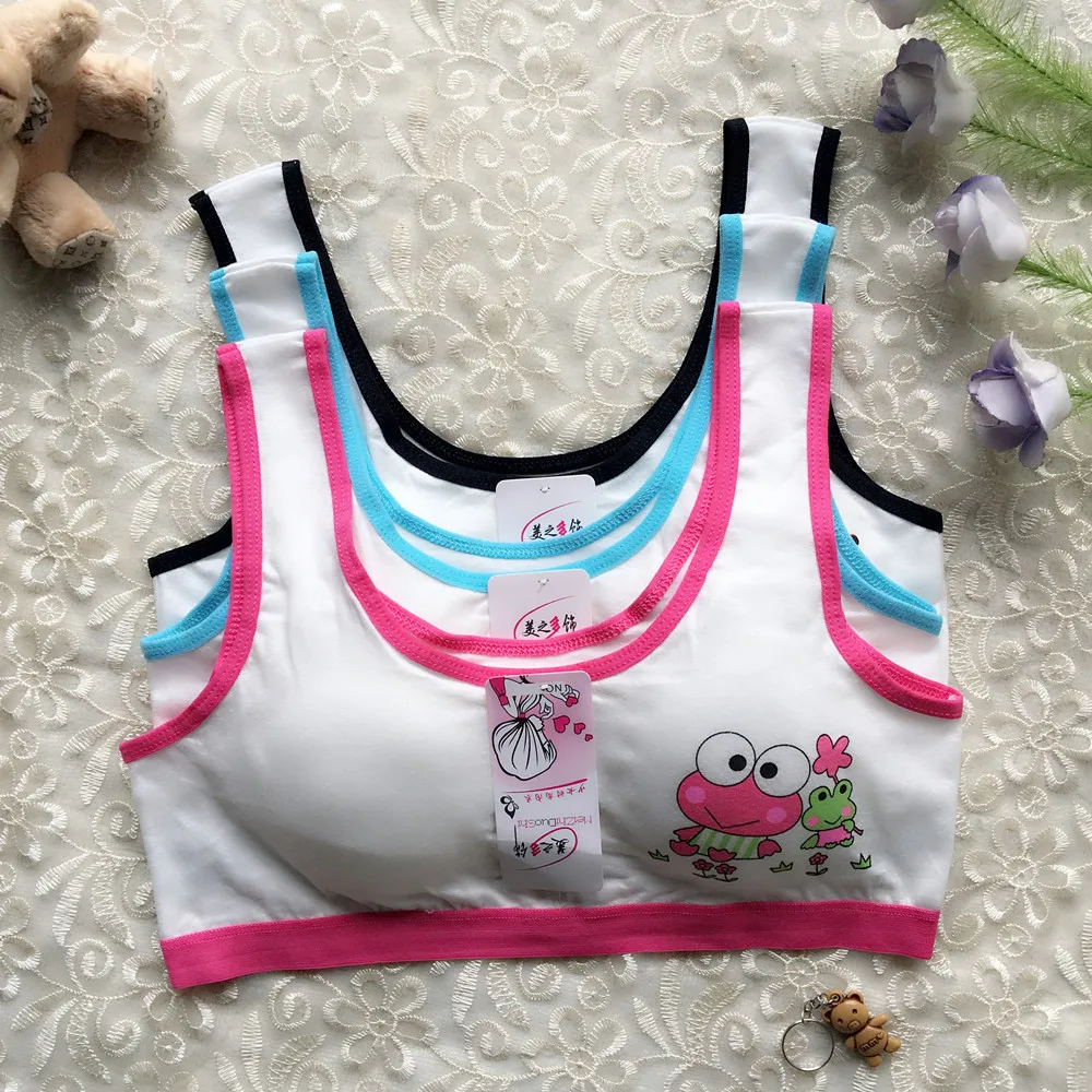 

New cute frog cartoon print bra developmental training bra solid color cotton student sports bra wrapped underwear