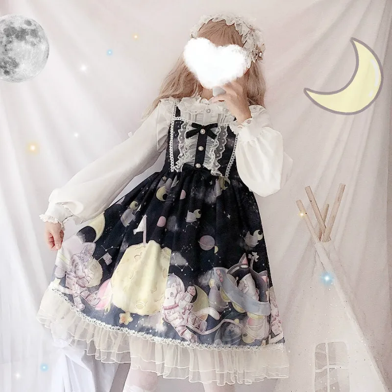 Платье в стиле Лолиты; милое платье в японском стиле Kawaii; платье принцессы для девочек в винтажном готическом стиле; кружевная розовая летняя юбка с принтом
