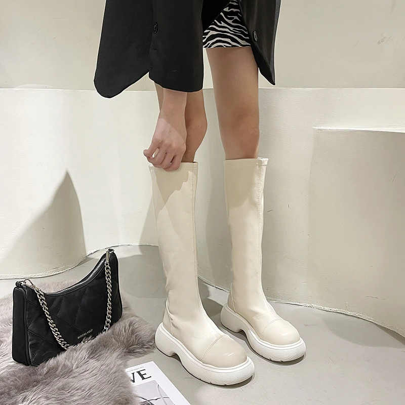 

2022 Autumn Women Soft Leather Knee High Boots Thick Bottom Woman Long Boots Fashion Waterproof Round Toe Plush Boots Footwear