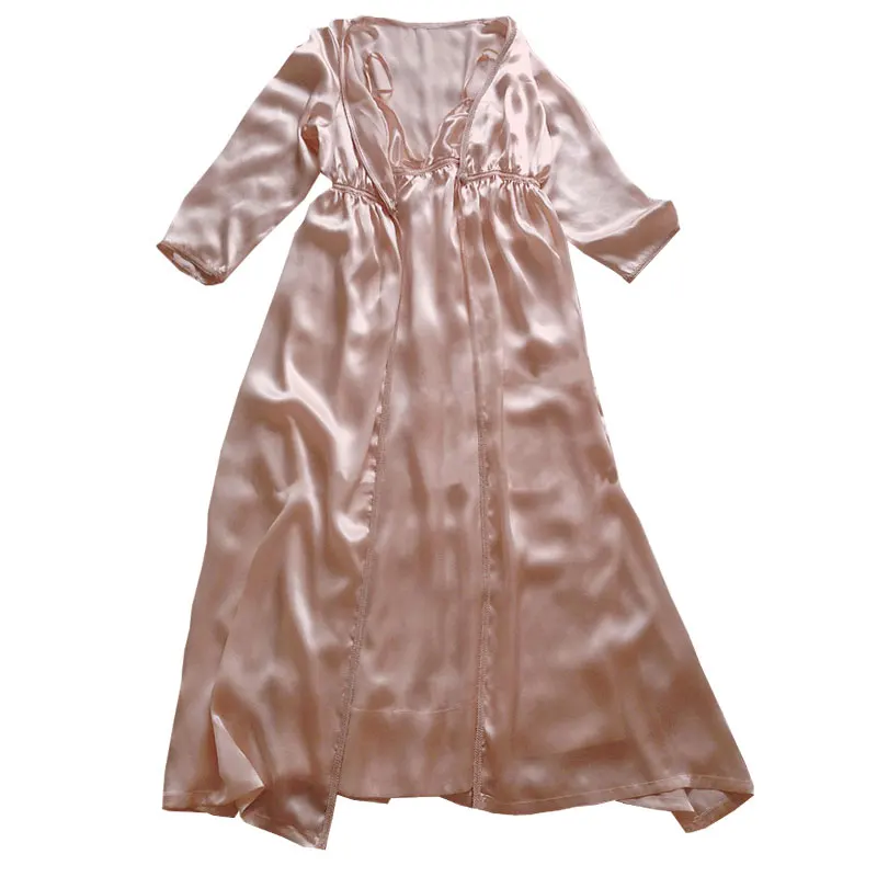 

Lady's Spring Satin Nightgown Sexy Nightdress Long Sling Dress Pajamas Women Long Sleeve Two-Piece Homewear Silk Bathrobe