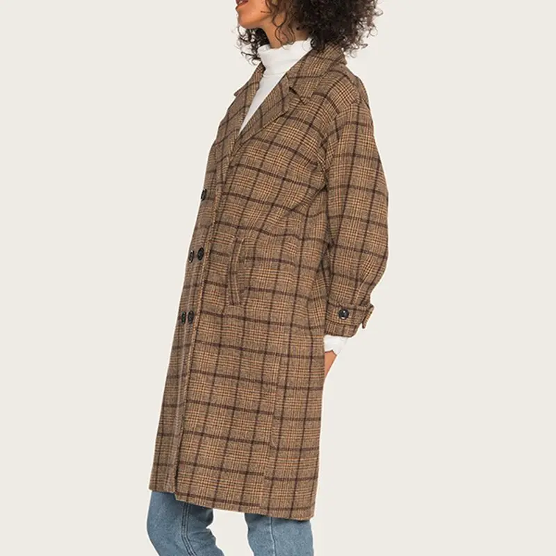Женское Трендовое пальто винтажное длинное в клетку стиле ретро двубортное с