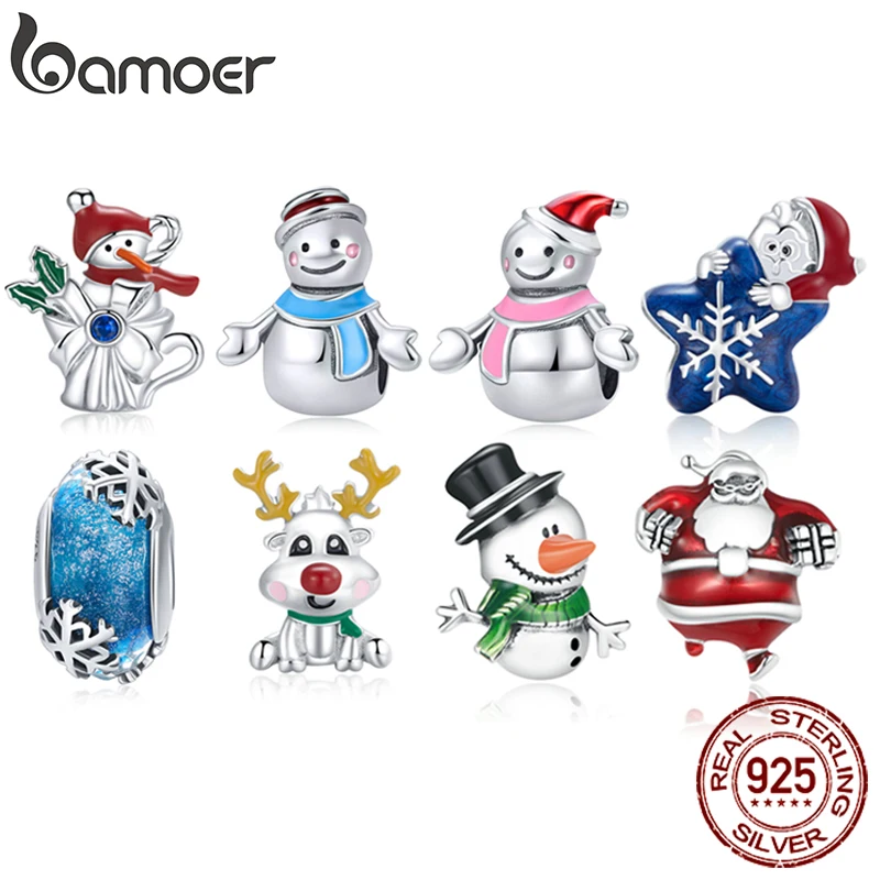 bamoer 925 Sterling Silver Cute Snowman Beads Christmas Tree Pendants Snowflake Charms Fit Women Bracelet & Bangle Party Gift