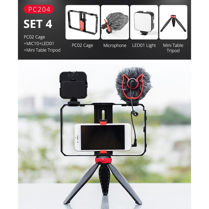

Phone Video Rig+Mic+Fill Light+Tripod Kit Handheld Phone Stabilizer Stand Cage for iPhone12 Huawei Samsung Video Vlog