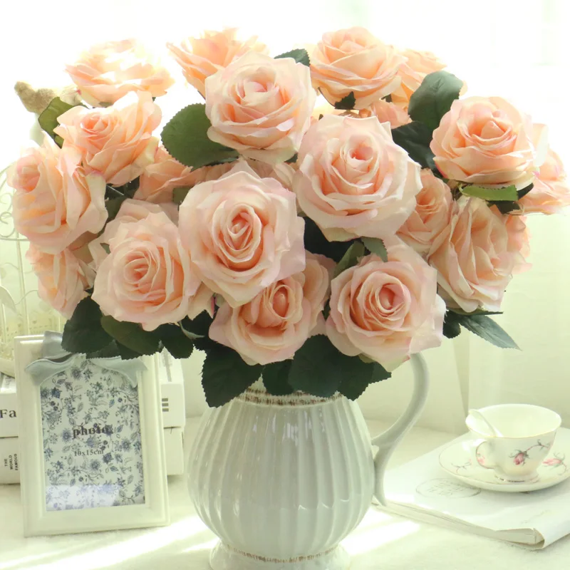 Дешевые 7/9/10 глав один пучок искусственный букет роз Шелковый декоративный