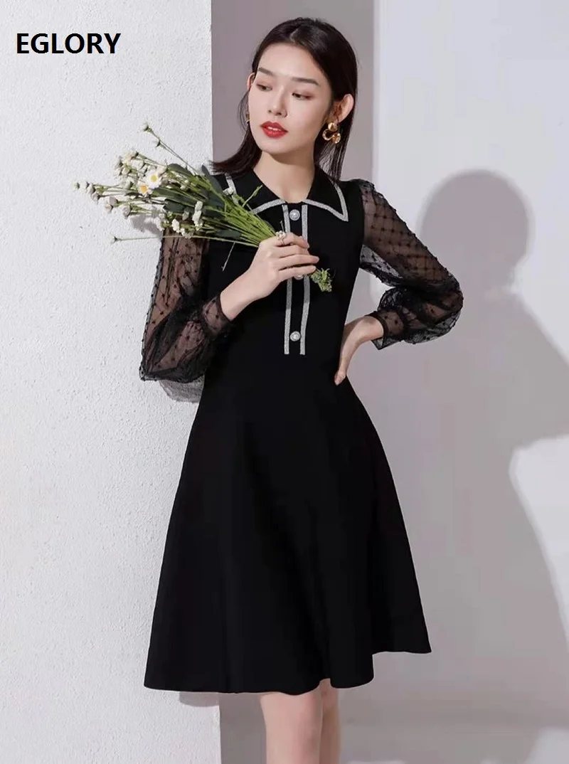 

High Quality Long Sweater Dress 2021 Spring Summer Ladies Turn-down Collar Sexy Tulle Mesh Sleeve Casual Black Knitted Dress