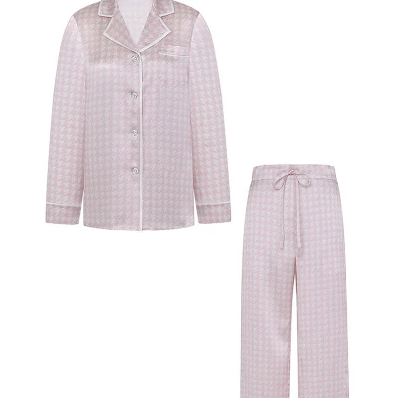 

Cosmicchic Women's Pajamas Set Ladies Silk Pajamas 2-piece Suit Pink Houndstooth Rhinestone Button Elegant Design Home Suit