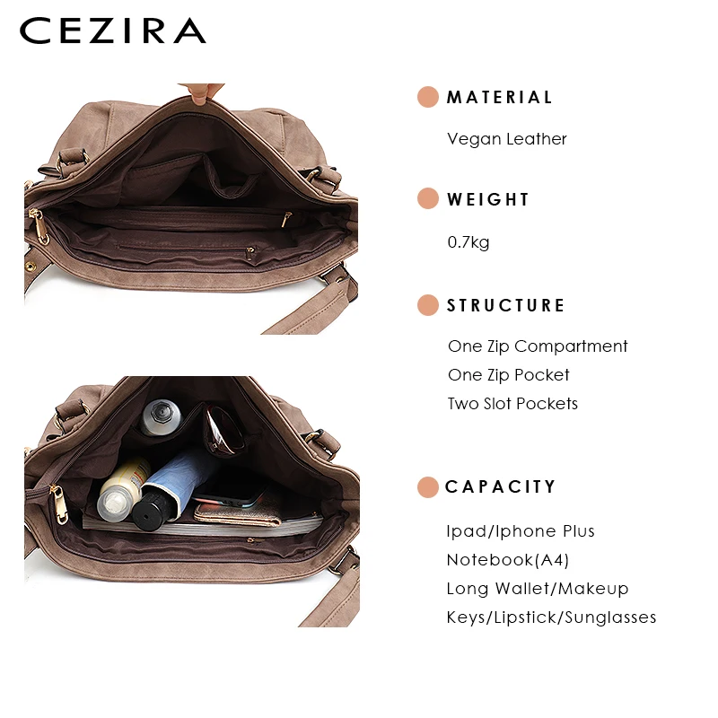 CEZIRA, роскошная сумка-хобо из искусственной кожи для женщин, модный дизайн, карманы на молнии, сумочка, Дамская большая Повседневная Сумка-тоут, сумки на плечо, женская сумка через плечо