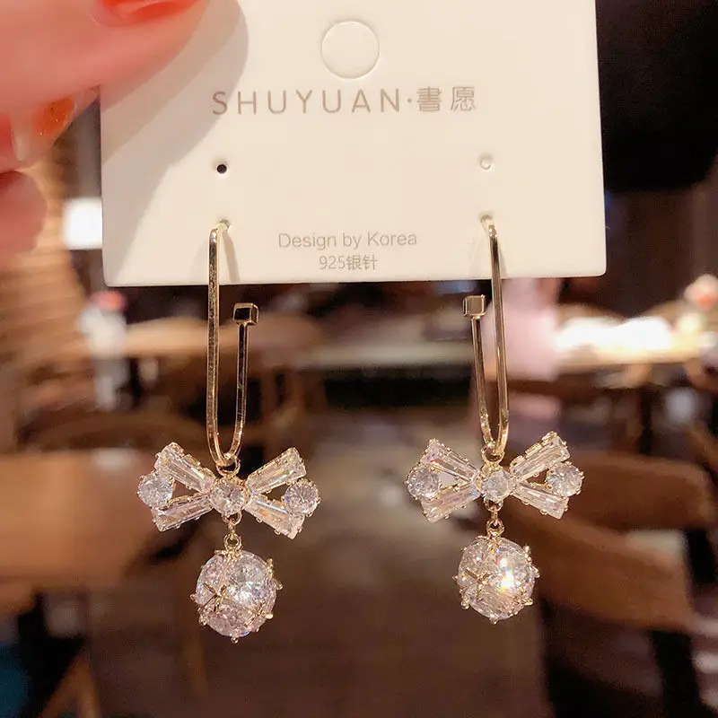 

Earrings Fashion High-end Zircon Bowknot Crystal Diamond Ball Earrings Temperament Earrings Women Drop Earrings