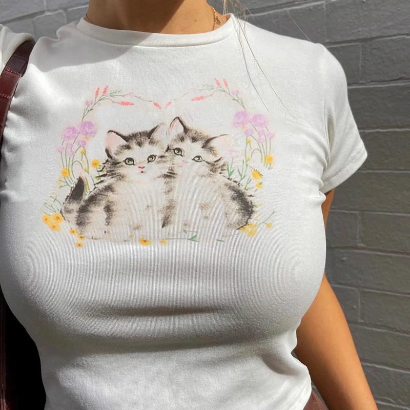 

Cat Print Cute Crop Top Tee Women Casual Cotton Short Sleeve Y2K Basic T Shirt Sumemr White Gaphic Tops Harajuku Cloth Iamhotty