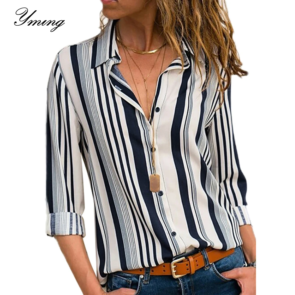 

YMING Chiffon Boho Women Blouse Long Sleeve Shirt Turn Down Collar Tops Striped Printed Button Tunic Casual Office Woman Blusas