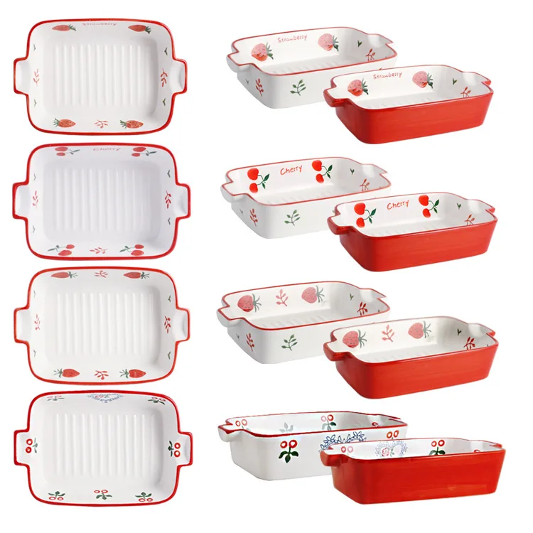 

Hand-painted Strawberry Cherry Baking Pan Under Glaze Creative Binaural Ceramic Baking Pan Baked Cheese Rice Pan