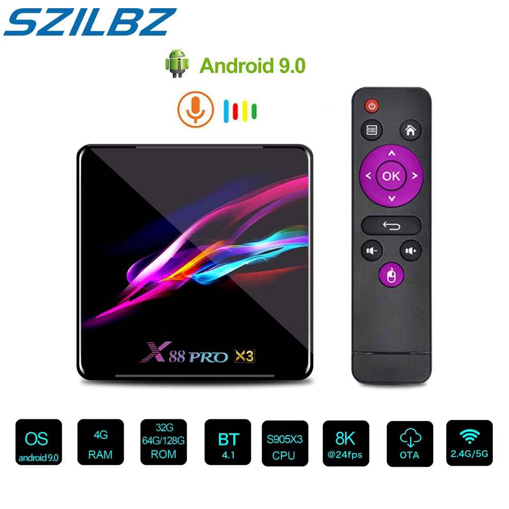 

Приставка Смарт-ТВ X88 Pro X3, Android 9,0, 4 + 32/64/128 ГБ