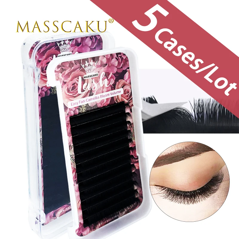 

MASSCAKU 5cases/lot sell 100% handmade fluffy silk mink easy fanning eyelashes extensions blooming fan eyelash with custom box
