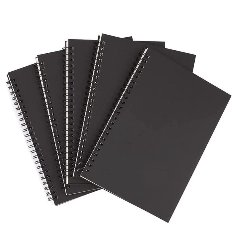 

Блокнот-скетчбук черный на спирали, 5 шт., A5, без линейки, толстая бумага, 50 листов, 100 страниц без линейки