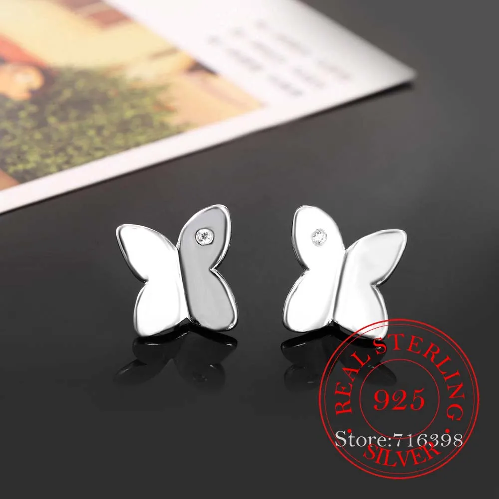 

100% 925 Sterling Silver Women Jewelry Korean Silver Cute Crystal Butterfly Stud Ear Earrings for Women 2020 Wedding Party Gift